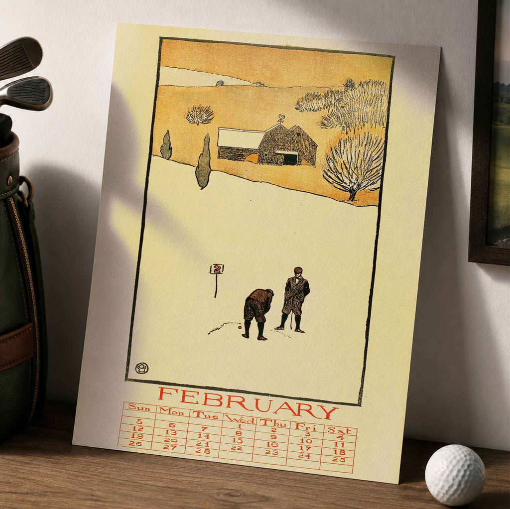 Vintage Edward Penfield February Golf Calendar Vintage Golf Poster | Retro Golf Wall Art Decor
