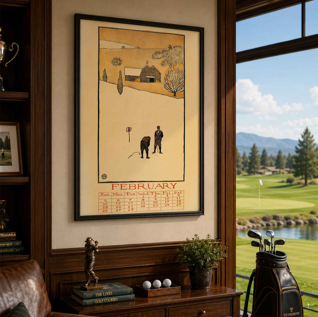 Vintage Edward Penfield February Golf Calendar Vintage Golf Poster | Retro Golf Wall Art Decor
