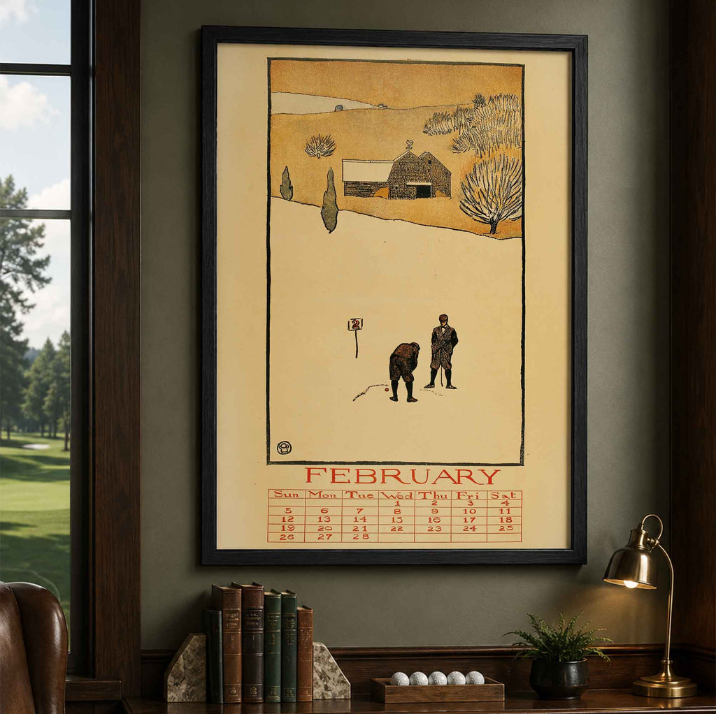 Vintage Edward Penfield February Golf Calendar Vintage Golf Poster | Retro Golf Wall Art Decor
