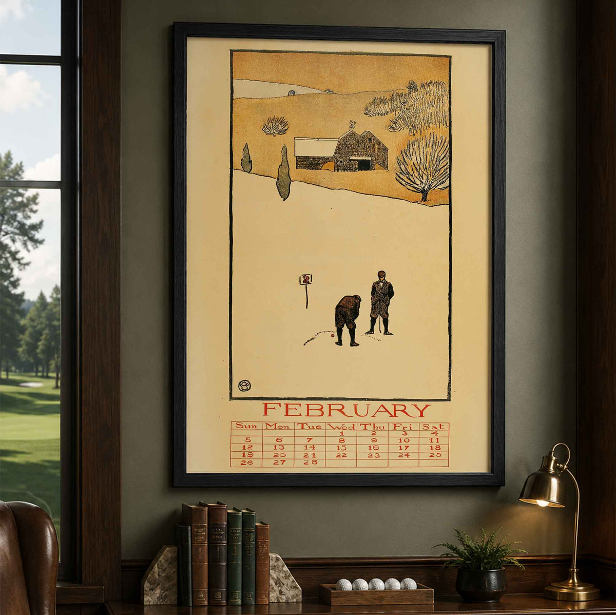 Vintage Edward Penfield February Golf Calendar Vintage Golf Poster | Retro Golf Wall Art Decor