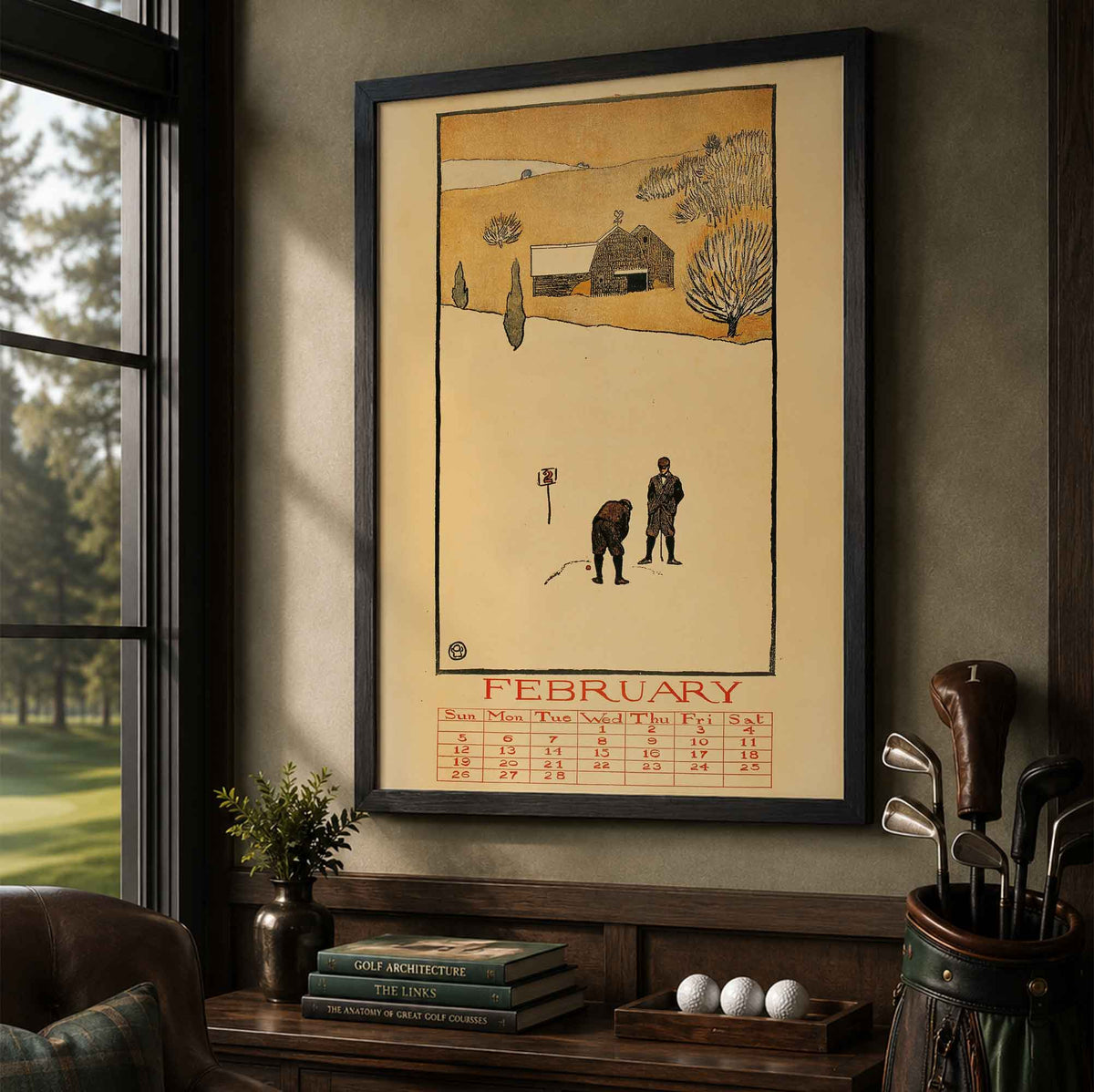 Vintage Edward Penfield February Golf Calendar Vintage Golf Poster | Retro Golf Wall Art Decor