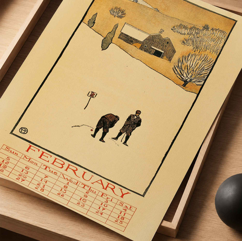 Vintage Edward Penfield February Golf Calendar Vintage Golf Poster | Retro Golf Wall Art Decor