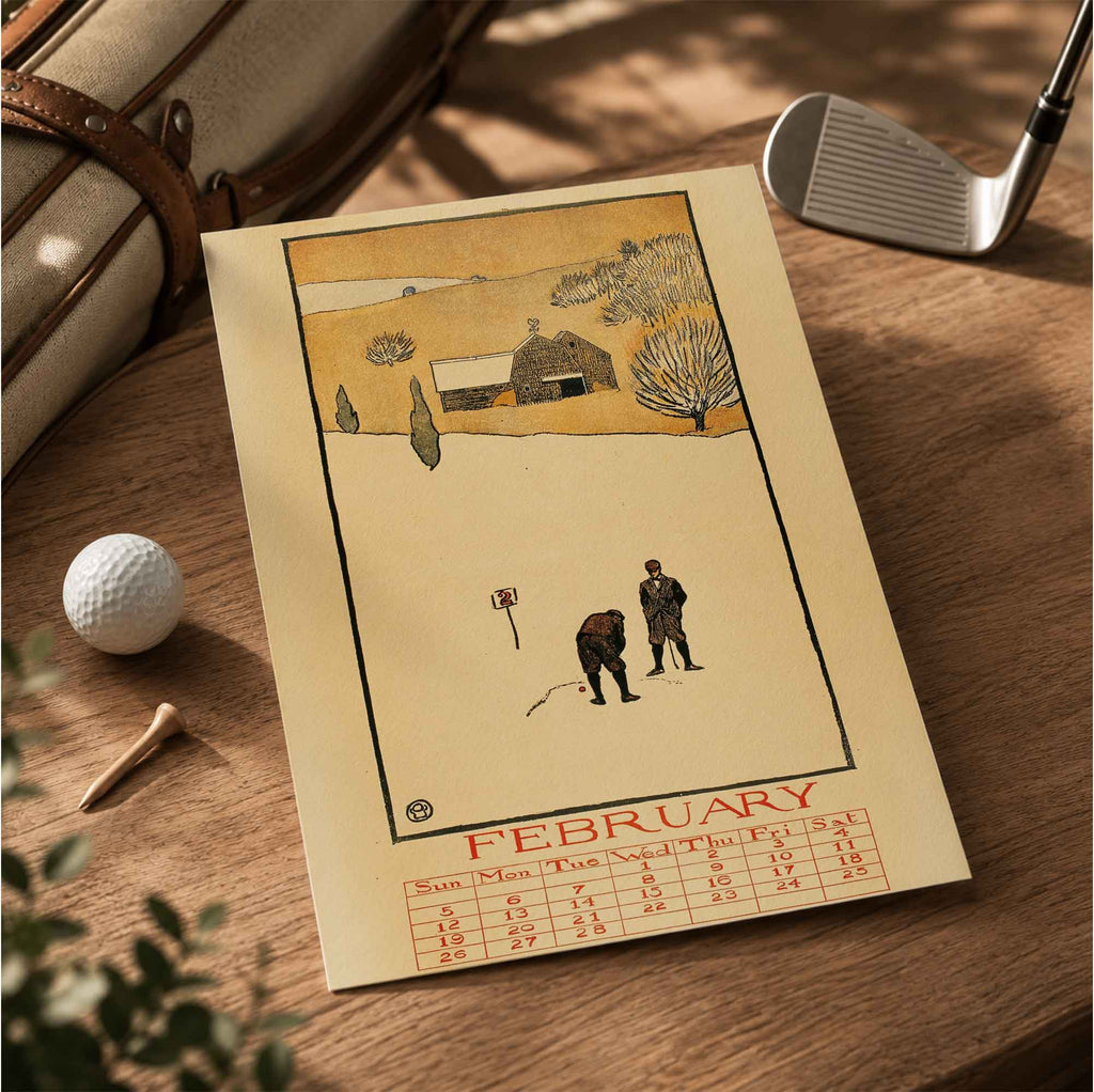 Vintage Edward Penfield February Golf Calendar Vintage Golf Poster | Retro Golf Wall Art Decor
